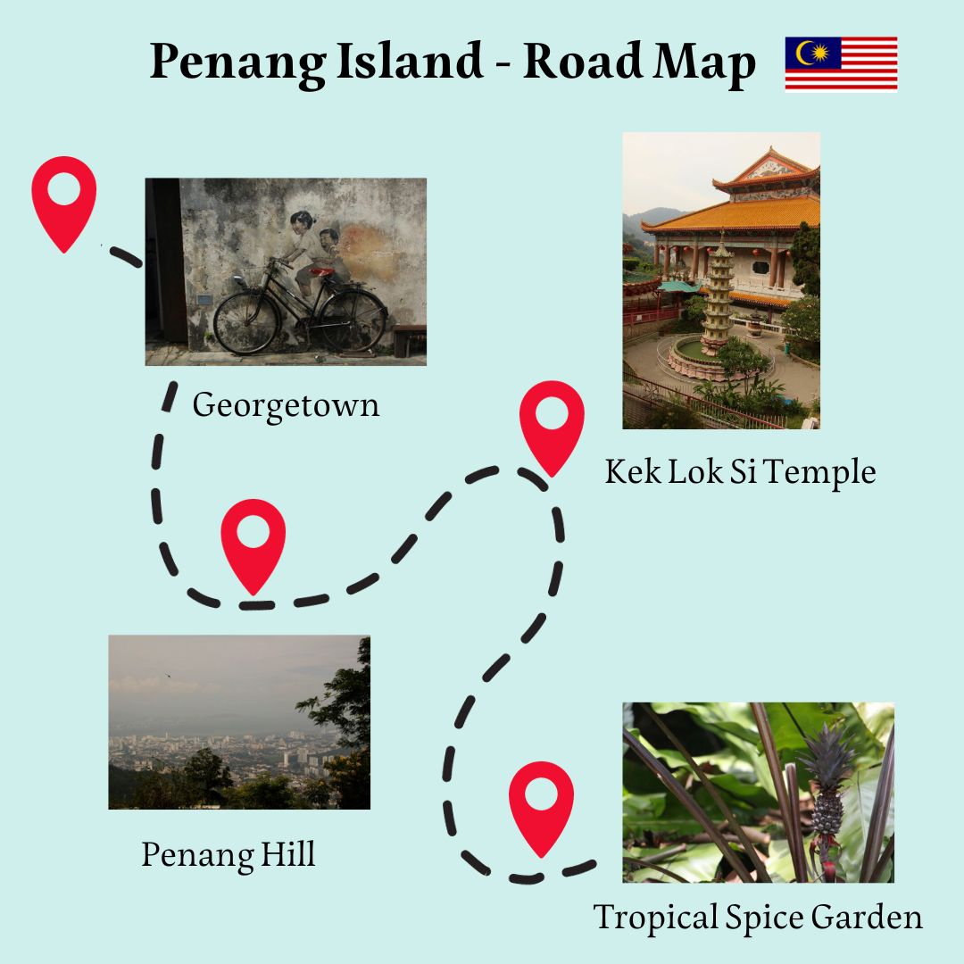 Penang Island Road Map : Georgetown, Penang Hill, Kek Lok Si temple, Tropical Spice Garden